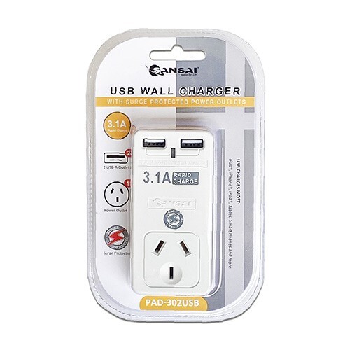 Sansai Surge protected Mains Power Point adapter with 2 USB Port charging Mobile - Picture 2 of 2