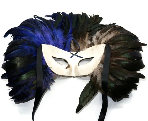 Mardi Gras 1/2 Blue 1/2 Brown Feathered Masquerade Venetian Eye Mask, 16" x 13" - Picture 6 of 8