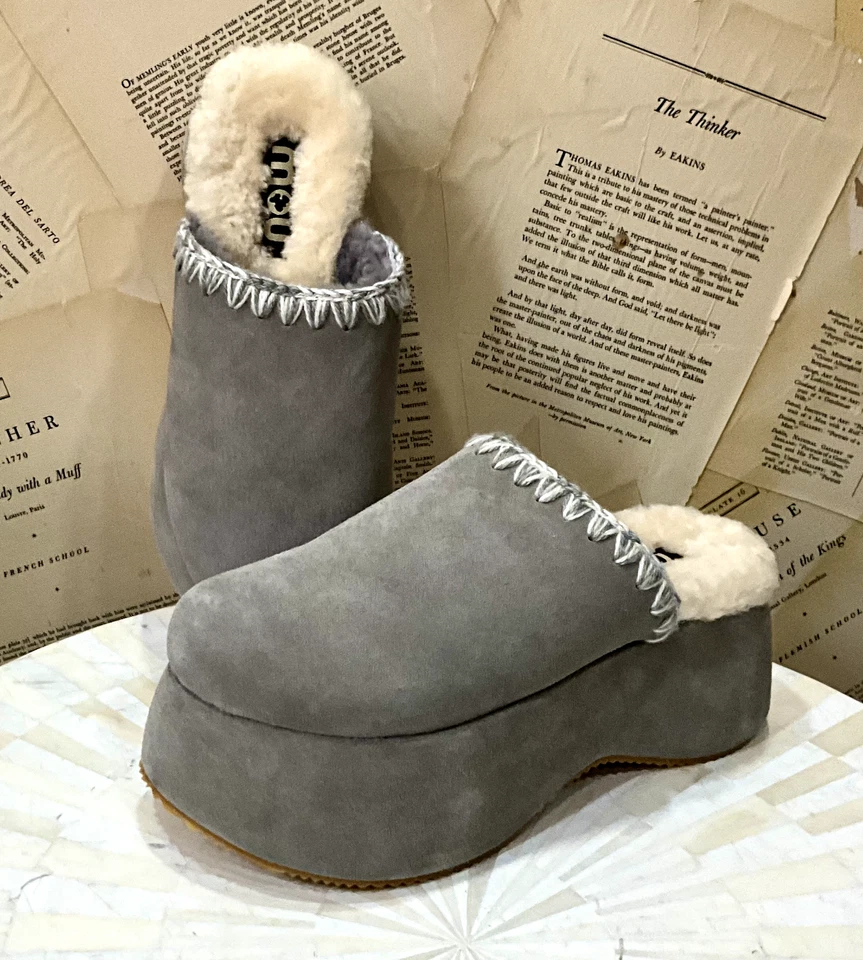 Zueco de plataforma grueso Free People MOU Layla forrado en piel de oveja nuevo gris 39/9 NUEVO Foto 2 de 4