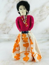 Vintage Handmade Doll with Orange Floral Skirt - Collectible Folk Art