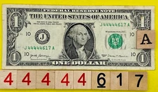 Leading Five in a Row 4s Quints J 44444617 A Fancy Serial Number One Dollar Bill