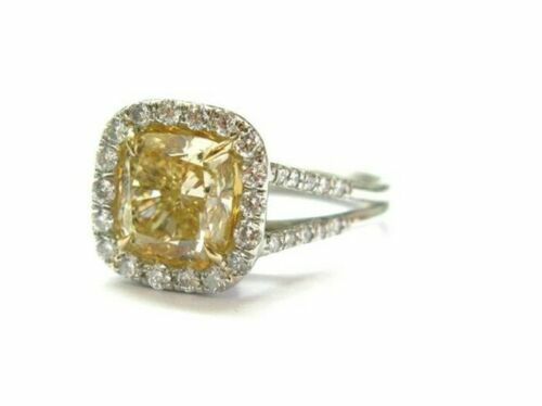 Atractivo anillo de compromiso de oro blanco de 14 K creado en laboratorio con corte cojín amarillo de 4,00 quilates - Imagen 2 de 7