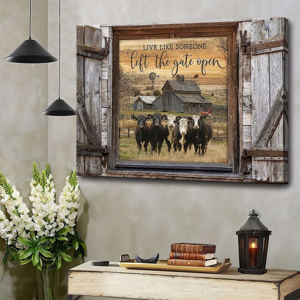 Farmhouse Cow Pictures Wall Decor Angus Cattle and Barn Country Wall