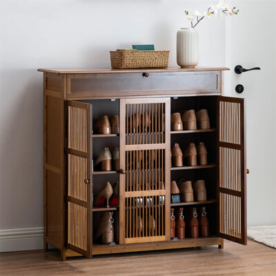 XXL Vintage Shoes Rack 4-Tier Bamboo Entryway Cabinet Closet Living Room Bedroom