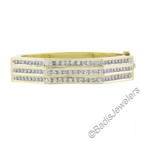 Vintage Yellow Gold 2.50ctw Diamond Geometric 3 Row Hinged Bangle Bracelet