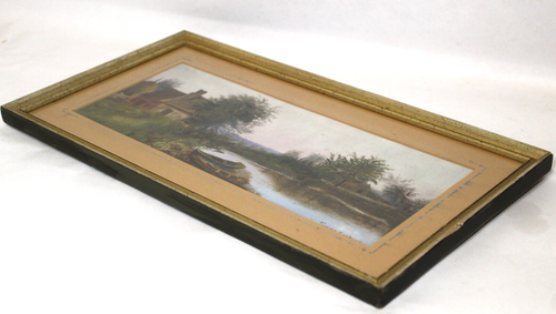 Vintage Wall Art Print Cottage on River Landscape 15" x 8" Gold Wood Frame - Picture 4 of 6