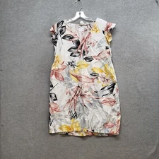 C&C California Women Dress Medium White Floral Linen Ruffle Sleeve Tropical