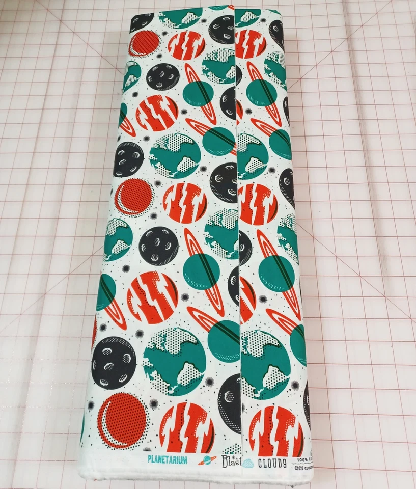 Blast Off Atomic Planets Cosmic Cloud9 Organic Cotton Fabric White Red Teal - Image 4 of 4