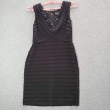 Adrianna Papell Women Dress 14 Black Striped Trim Silk Blend Jeweled V Neck READ