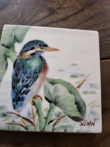 Nancy Gan Art Tile in Frame Kingfisher Bird Wildlife Decor 5x5" - Picture 7 of 7