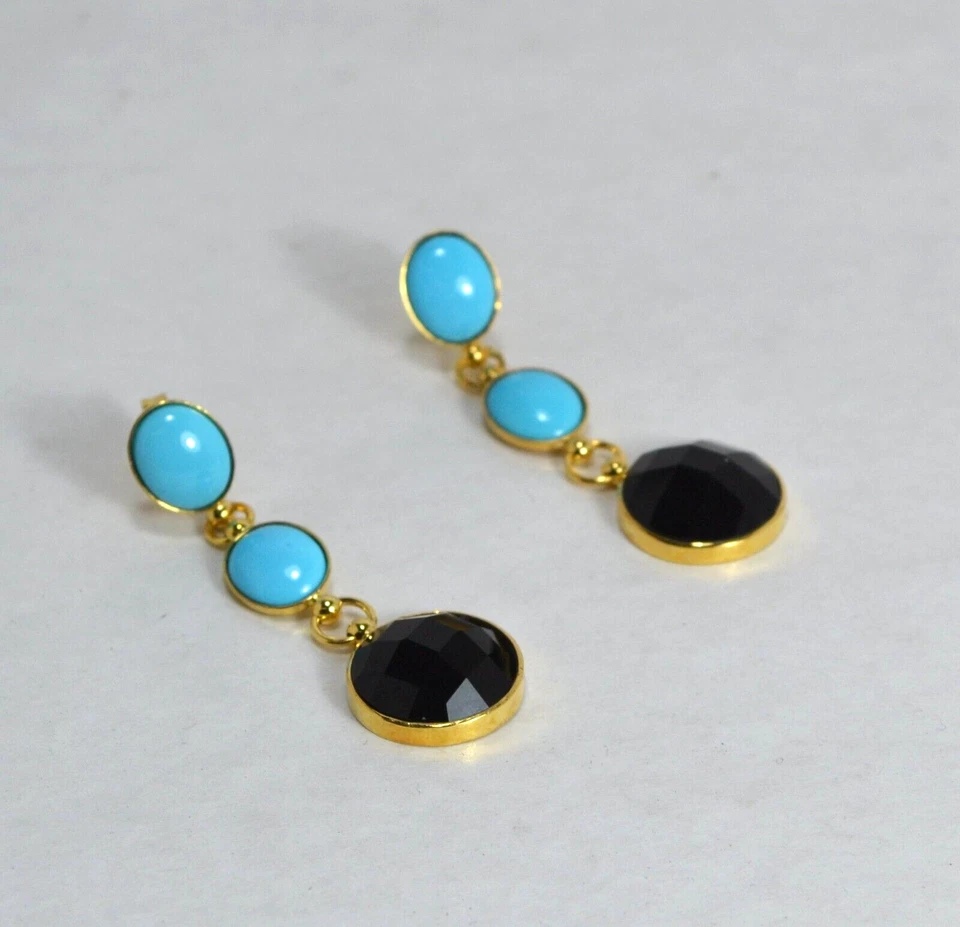 ORECCHINI ARGENTO DORATO 925 ONICE TURCHESE NSTURALE OVALI 8 x 10 mm   AGHT 0977 - Immagine 2 di 3