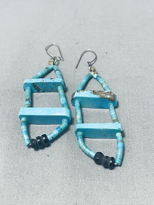 ONE OF THE MOST UNIQUE VINTAGE NAVAJO TURQUOISE STERLING SILVER EARRINGS