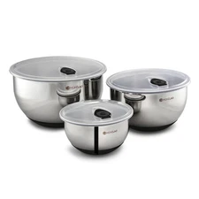 Stainless Steel Mixing Bowl Set 3-Piece with Vacuum Seal Lids and Non-Slip Base
