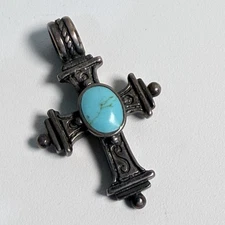 Vintage Pendant JPI Cross Turquoise Inlay 925 Silver Mexico Unique