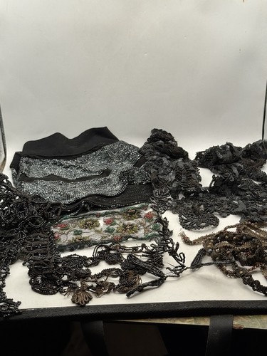 1890s Misc. Lot of Victorian Handmade Fine Thread Morning Glass Bead Lace Black
