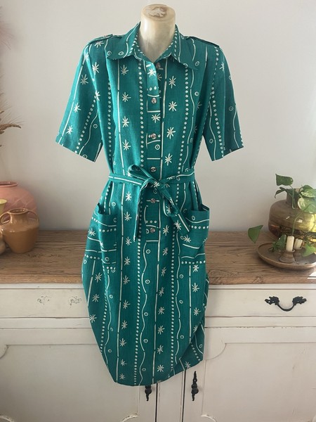 80’s green white abstract print short sleeve midi shirt dress size M