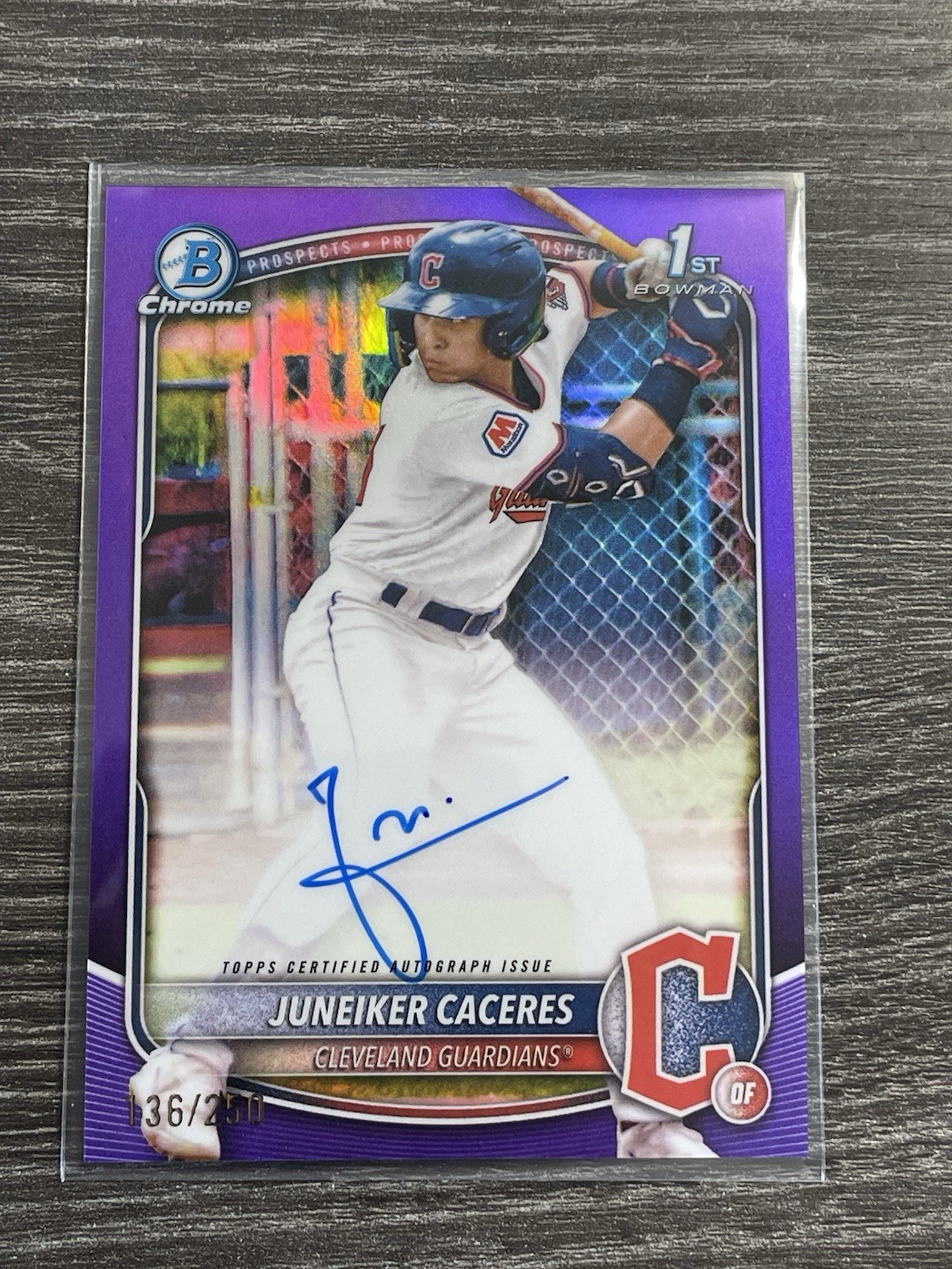 2025 Bowman Chrome Juneiker Caceres Purple 1st Auto /250 Guardians CPA-JUC