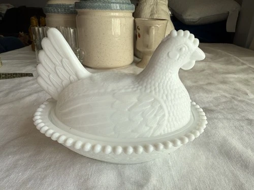 Indiana Glass Milk glass  Hen-On-Nest Covered Dish press glass Vintage MCM Farm