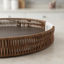 3 Pieces Rattan Serving Tray Decorative Wood Base Tray Handwoven for Living