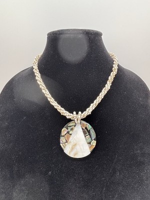 Lg Round Abalone Mother of Pearl Pendant On Multi Strand Seed Bead Cord Necklace