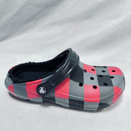 Crocs Classic Fur Lined Plaid Fleece Clog Grey Red Black Size Mens 8 Womens 7