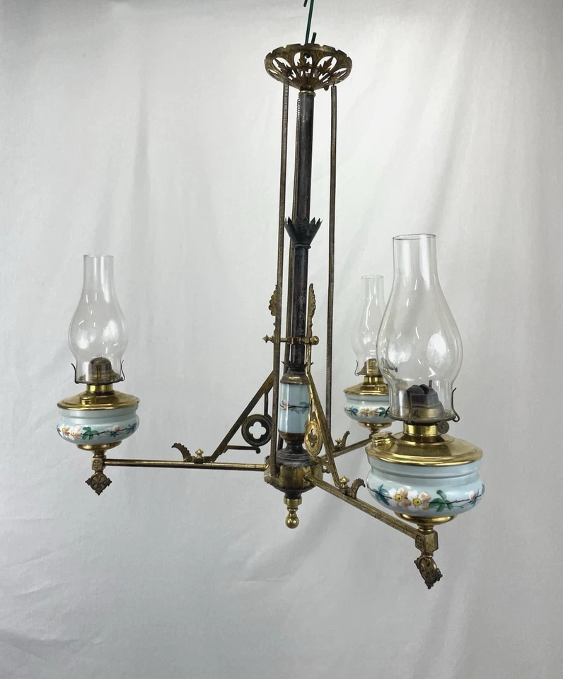Antique Victorian Aesthetic Eastlake Oil Kerosene Hanging Chandelier Porcelain - Image 2 of 4