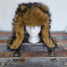 Realistic Faux Racoon Fur Trappers Hat Gorpcore Hunting Clip Chin Strap EUC OS