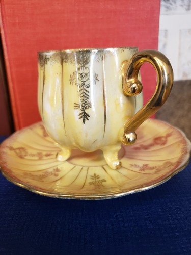 Vintage Gold & Yellow Lusterware Demitasse Footed Tea Cup & Saucer - Picture 2 of 10