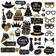 Photo Booth Props for Birthday Party,36 Pieces Black Golden Happy Birthday Se...