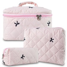 3 PCS Quilted Floral Makeup Bag Set, Cute Cotton Cosmetic Pouch for Travel