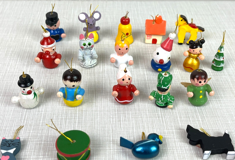 Vintage Miniature Wooden Christmas Ornaments Lot 24 pc Hand Painted Folk Art MCM