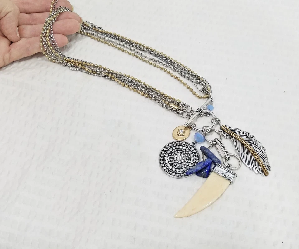 Two-Color Metal Feather & Wolf Tooth Multi Pendants Multi Strand Choker Necklace - Image 3 of 4