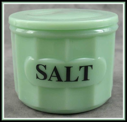 JADEITE GREEN GLASS SALT BOX CANISTER Lidded Jar Container - Picture 2 of 2