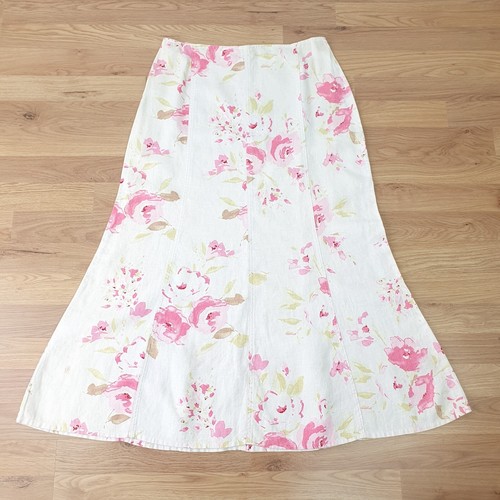 Per Una M&S 100% Linen Bias Cut Midi Skirt 12 Ivory Pink Floral print floaty