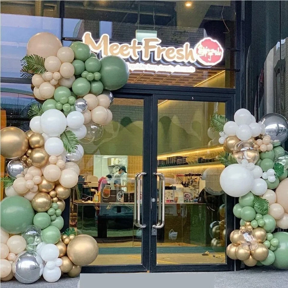 102 piezas Kit de arco de guirnalda de globo verde salvia globo beige blanco Reino Unido Foto 3 de 4