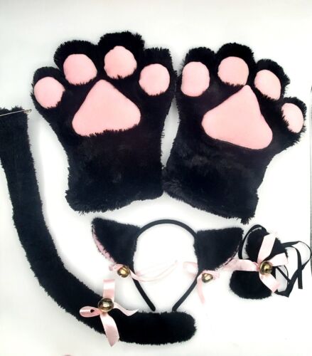 Cute Cat Lolita Neko Kawaii Costume Furry Gloves Ears Headband Tail Bow Bell - Afbeelding 1 van 6