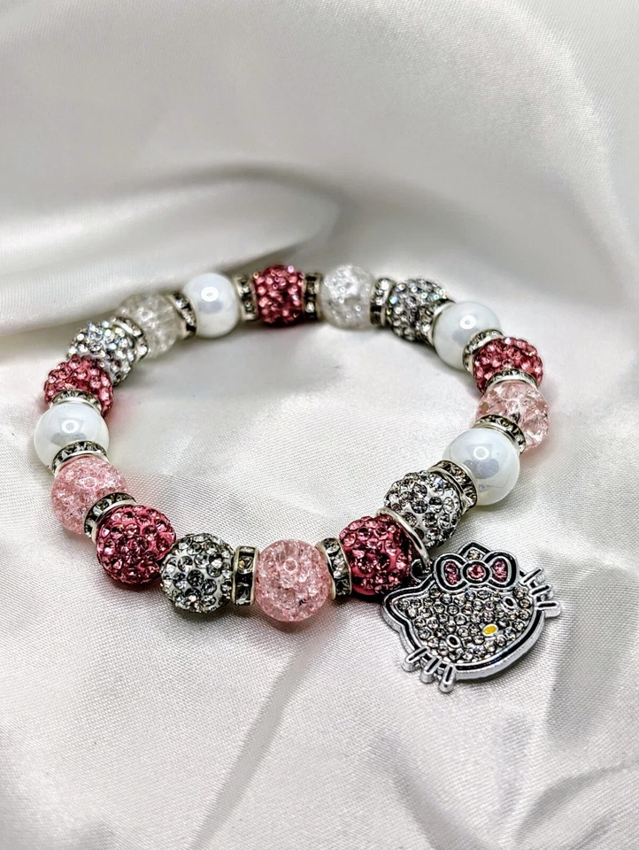 Pulsera Hello Kitty de cristal de perlas de porcelana con cuentas de diamantes de imitación Foto 3 de 3