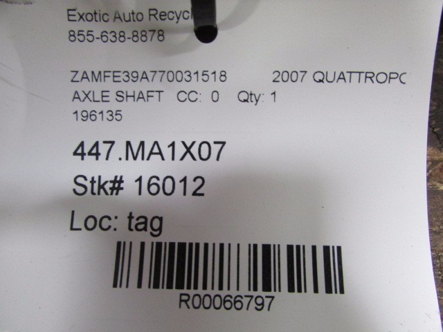 Maserati Quattroporte, Axle Shaft, Used, P/N 196135