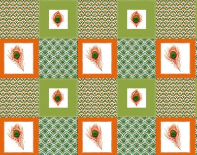 Pfauenfedern grün orange Patchwork geometrisch PVC Kunststoff Vinyl Tischdecke