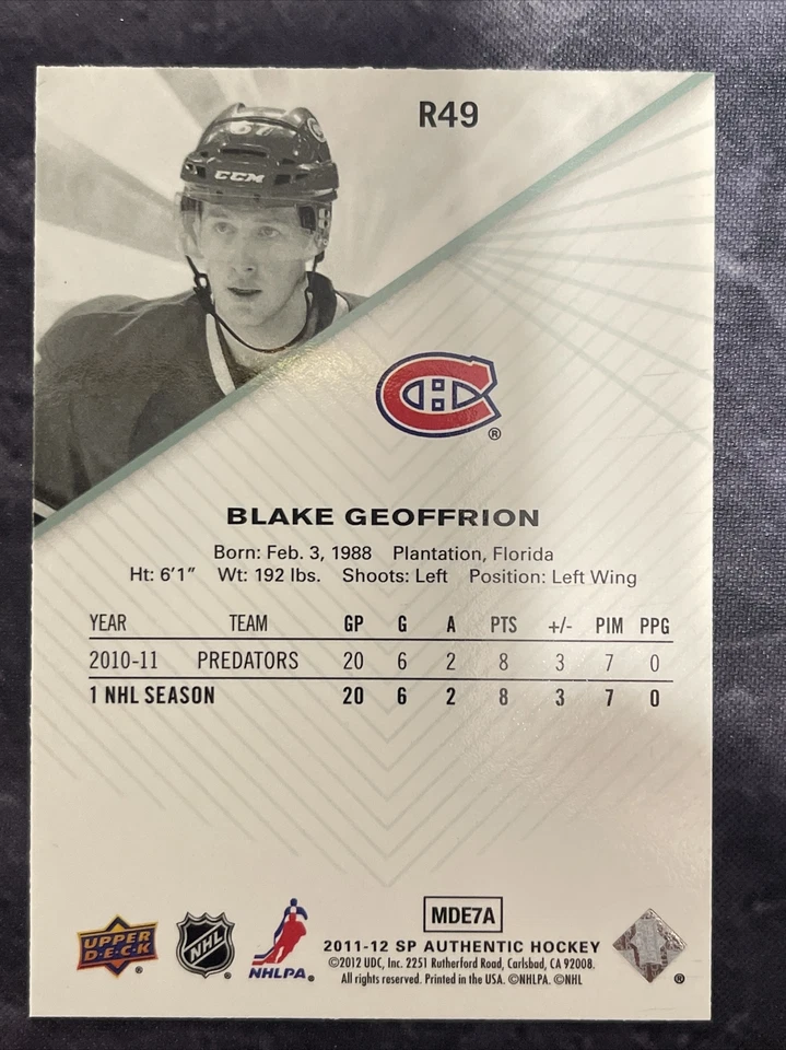 2011-12 SP Authentic Rookie Extended R49 Blake Geoffrion Montreal Canadiens  - Image 2 of 2