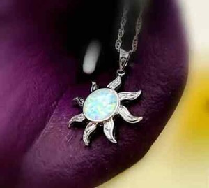 Authentic Lucky Symbol Sun Pendant 2 Ct Round Simulated Fire Opal 14K White Gold Plated