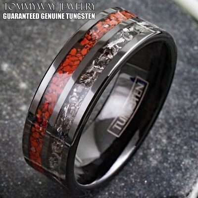 Black Tungsten Carbide Men's Ring Faux Dinosaur Bone Meteorite Wedding  Band