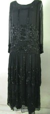 1920  s Antique Hand Stitched Black Beaded Gown Flapper Sheer Silk Art Deco Dress