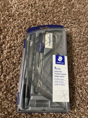 NEW Staedtler 9 Pc School Kit Compass, 2 Triangle, Pencil, Ruler