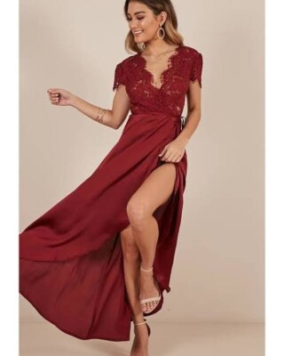 SHOWPO Kiss of True Love red maxi dress BNWT wine lace satin belt lined zip  10 | eBay Australia