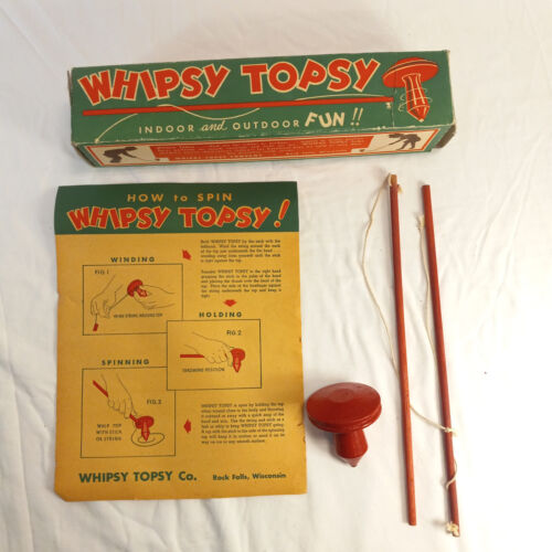 Vintage Whipsy Topsy Co jouet en bois top spinning hockey top jeu boîte originale États-Unis - Photo 1/5