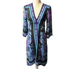 Rubber Ducky 3/4 Long Sleeve Dress Black Blue Womens Size M Made In USA Paisley