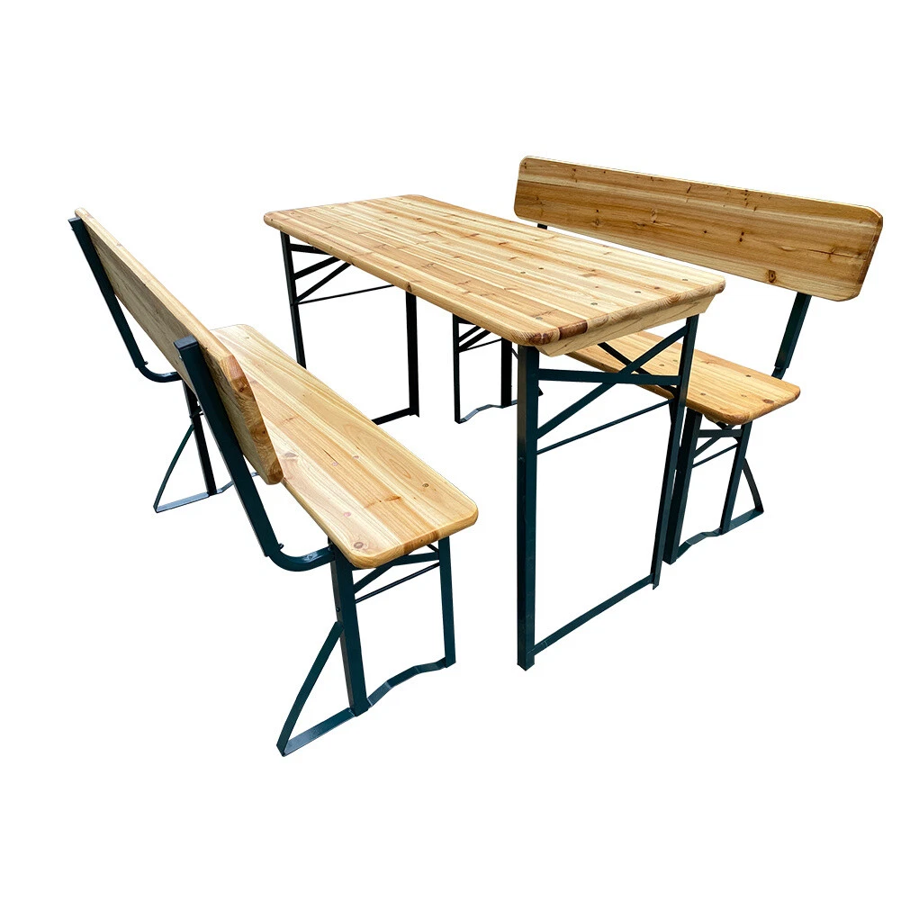 4FT Wooden Folding Garden Table and 2 Bench w Backrest Outdoor