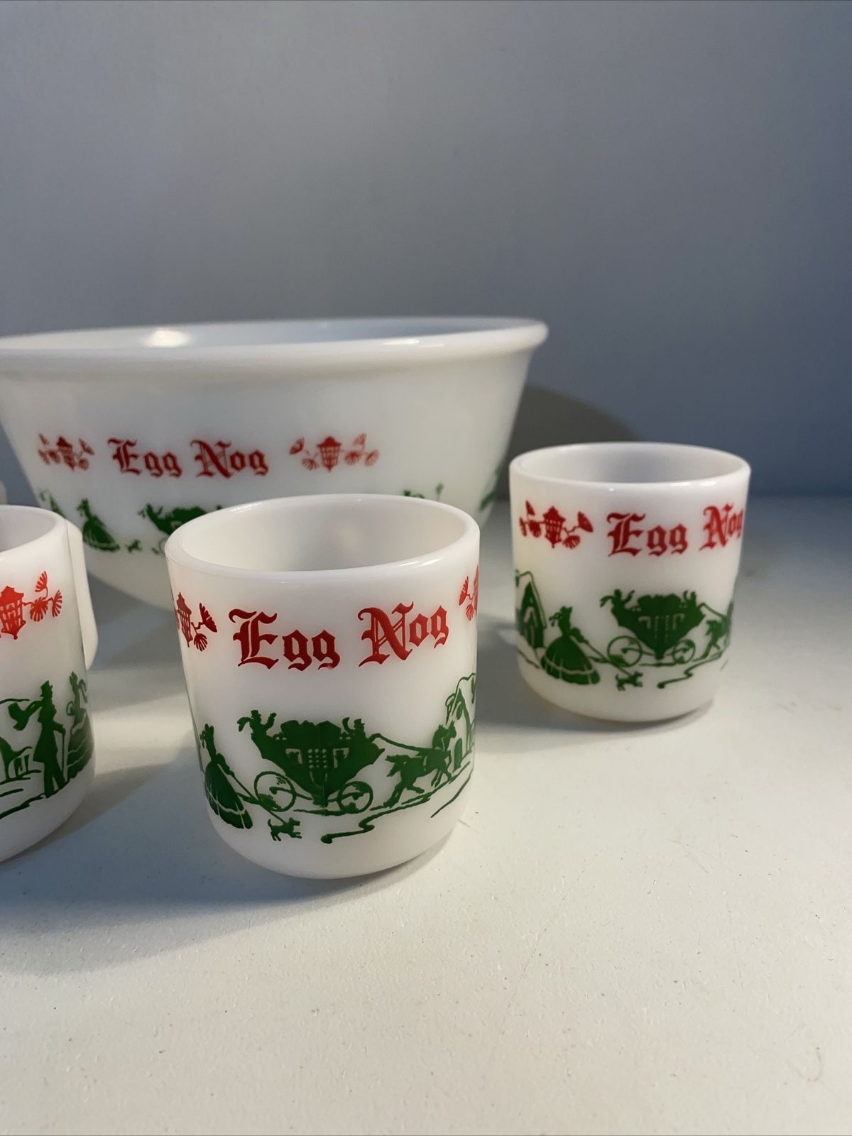 Vintage Hazel Atlas White Milk Glass Egg Nog Holiday Punch Bowl Set w