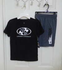 NWT 2pc Under Armour Black Gray White Logo Shirt  Gray Shorts Set sz 7